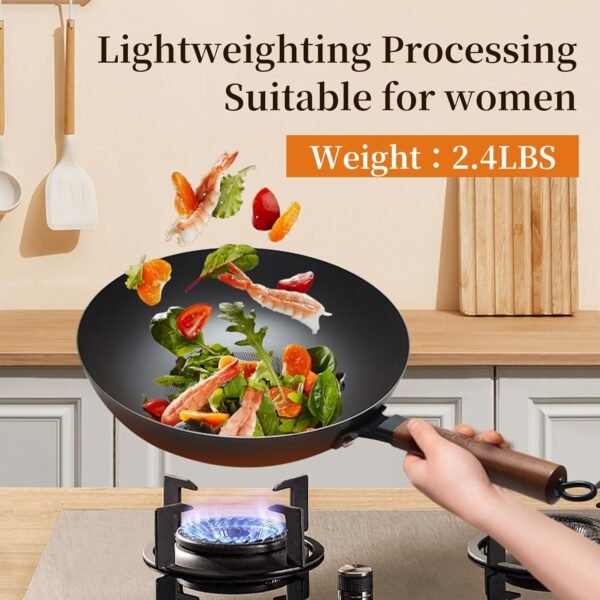 WANGYUANJI Iron Wok 12.6 inches,Wooden Handle Chinese Iron Pot Carbon Steel Wok Non-Coated Stir Fry Pan,Suitable for Home Cooking, Compatible with Induction, Gas, and Electric Ceramic Cooktops - Image 3