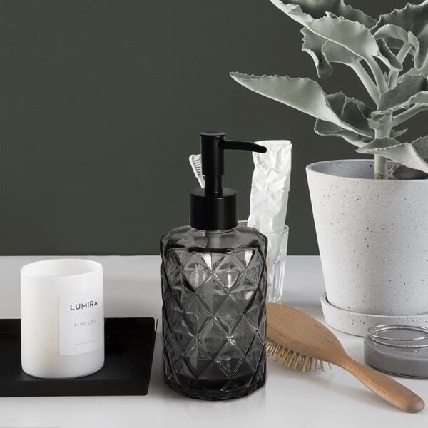 Glass Soap Dispenser with Plastic Pump, 330ml/11oz. Liquid Hand Soap Dispenser for Bathroom and Kitchen, Hand-Pump Dispenser for Dishwashing Liquid, Lotion, Soap, Shower Gel, Essential Oil (Black) - Image 5