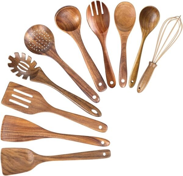 10 Pack Wooden Spoons for Cooking, Teak Wood Kitchen Utensils Set for Non Stick Use, Spatula Set for Stirring, Baking, Non Stick Wooden Utensils for Kitchen - Image 8