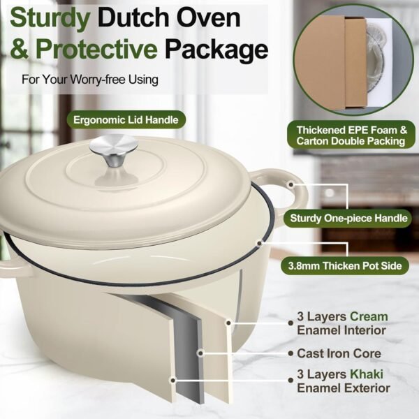 P&P CHEF 5-Quart Enameled Dutch Oven Pot, 5 Qt Cast Iron Dutch Oven with Lid, Enamel Cooking Pot Cookware for Braising, Roasting, Bread Baking, Oven & Stove Safe (Khaki) - Image 3