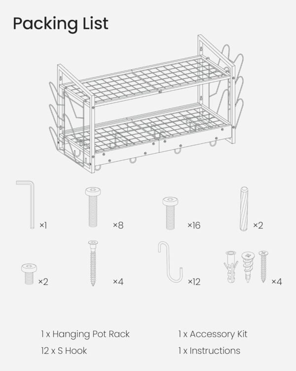 Hanging Pot Rack, Pot Rack Wall Mounted, 2-Tier Kitchen Pot and Lid Organizer, Wall-Mounted Cookware Holder with 12 Hooks, for Kitchen Storage of Pots, Pans, Utensils, Charcoal Black TPR02BC - Image 9