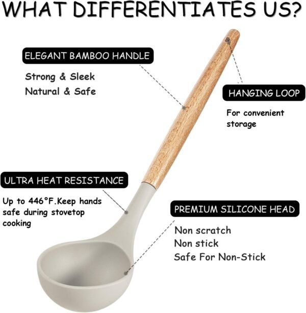 MIBOTE Silicone Cooking Kitchen Utensils Set with Holder, Wooden Handles BPA Free Non Toxic Silicone Turner Tongs Spatula Spoon Kitchen Gadgets Utensil Set for Nonstick Cookware (Khaki) - Image 5