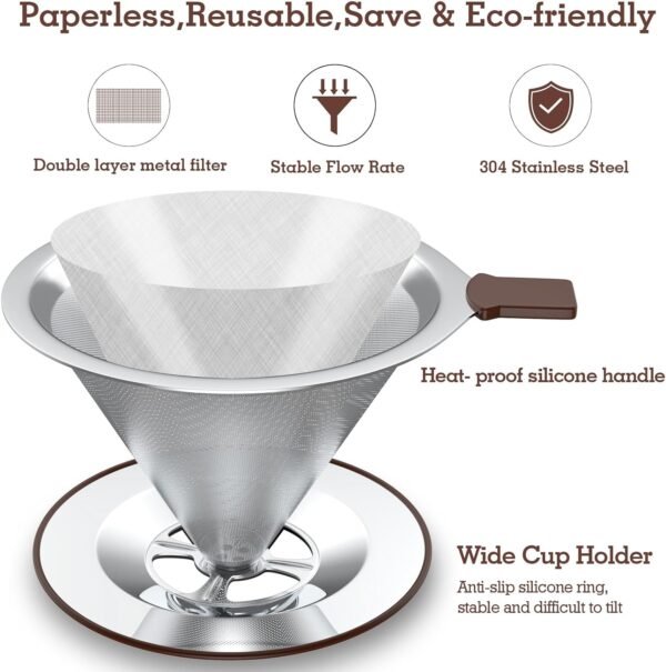 Pour Over coffee filter, Fine Mesh Double Layer,Paperless Reusable Coffee Filters,Stainless Steel Drip Cone Brew Coffee Strainer,Single Cup Coffee Maker 2-3 Cup - Image 2