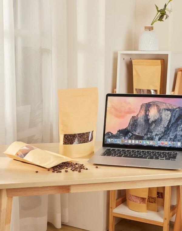 FireKylin 100 Pcs Kraft Paper Bags with Window, 6.3" x 8.6" Stand Up Pouches Bags, Zip Lock Food Storage Bags for Packaging Products, Reusable, Sealable - Image 7
