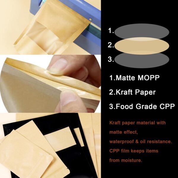 100 PCS Resealable Bags, Stand Up Kraft Paper Bags with Matte Window, Zipper Lock Food Storage Bags for Small Business and Home, 5.51 * 7.87 Inch Reusable Sealable Bags for Packaging - Image 6