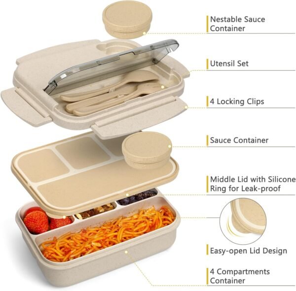 Bento Lunch Box for Kids, Wheat Straw 5.5 Cups Leakproof Adult Bento Box with 2 Sauce Jars, 4 Compartments Lunchable Snack containers, Utensils, Microwave & Dishwasher Safe (Wheat Straw Beige) - Image 5