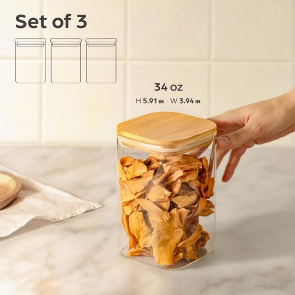 Kitchen Storage Jars 34oz - Set of 3 Bamboo Lid Storage Containers - Square Glass Food Storage Jars - Airtight Glass Pantry Storage - Image 2