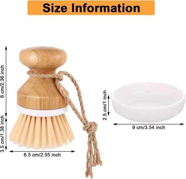 Boao 3 Pieces Bamboo Dish Scrub Brush Natural Wooden Kitchen Cleaning Scrubbers Durable Bamboo Palm Household Pot Scrubber Brush and 1 Holder for Dishes Pots Pans Kitchen Sink Cleaning - Image 2