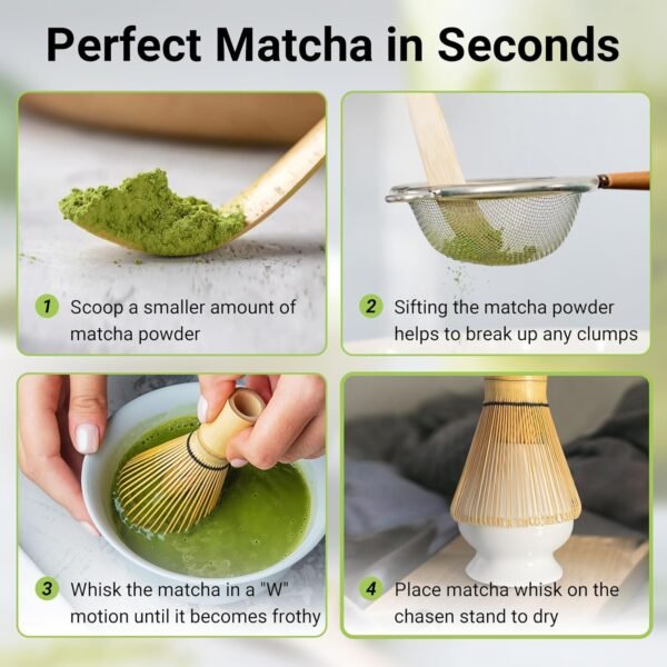 Bamboo Matcha Whisk Set -Matcha Whisk (Chasen),Whisk Holder(White),Sifter,Tea Scoop and Tea Spoon - Image 3