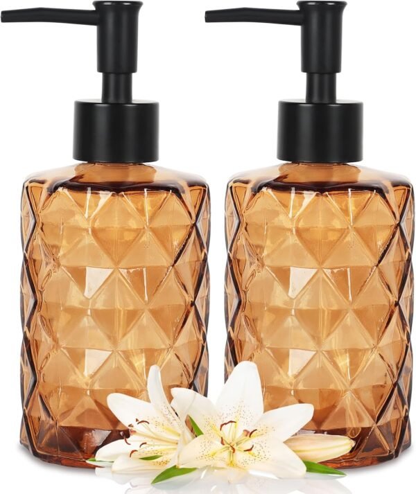Glass Soap Dispenser, 2pcs Hand Soap Dispensers, Glass Bottle with Plastic Pump, Kitchen Dish Soap Dispenser Set for Bathroom, Hand Soap Dispenser for Liquid, Lotion, Essential Oil (Amber)