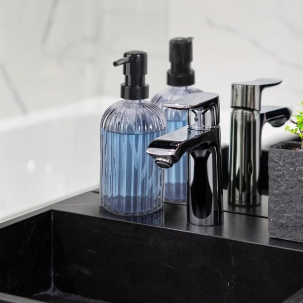 3 Pack Glass Soap Dispenser with Rust Proof Pump,15 Oz Hand Soap Dispenser with Vertical Stripe, Refillable Liquid Soap Dispenser for Bathroom,Kitchen,Lotion (Grey) - Image 6