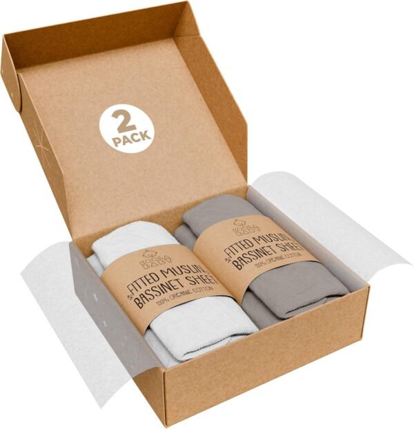 Bassinet Fitted Sheets - Compatible with Baby Delight Beside Me Dreamer Bassinet & Baby Joy Bedside Sleeper | 100% Organic Muslin Cotton - White + Grey | 33X20 (2 Pack)