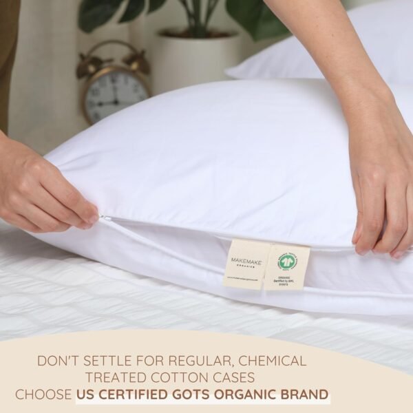 Makemake Organics Organic Cotton Pillow Protector (Set of 2) GOTS Certified Organic Pillow Cases Zippered Breathable Barrier Fits Standard (20x26, Pearl White) - Image 5