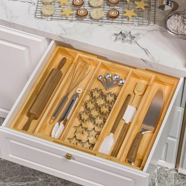 Bamboo Utensil Organizer Cutlery Organizer - Expandable 5 Slots Multipurpose Kitchen Drawer Organizer for Large Cooking Utensils, Baking Tools, Knife Set W13.7"-19.9" x L17.6" X H2.5"(Yellow) - Image 5