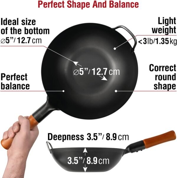 YOSUKATA Carbon Steel 11.8" Stir Fry Wok Pan - Pre-Seasoned Chinese Wok with Flat Bottom, Black Wok for Induction Gas Stovetops - Open Fire, BBQ, Grill, Outdoor Camping Wok - Image 2