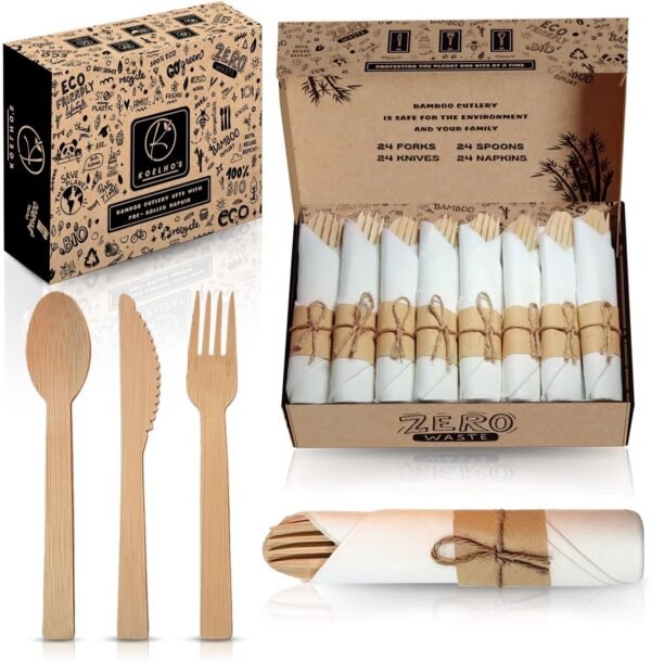 KOELHO'S Bamboo Cuterly Set 24, Pre Rolled Napkin Cutterly Set, Silverware Set Disposable 100% Natural - Bamboo Utensils Set - Disposable Cutlery - Bamboo Silverware - Compostable Cutlery