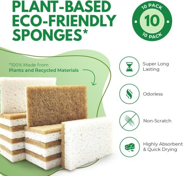 10 Pack Biodegradable Natural Kitchen Sponge - Compostable Cellulose and Coconut Walnut Scrubber Sponge - Eco Friendly Sponges for Dishes - Image 2