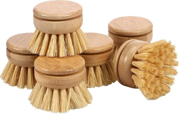 Bamboo Dish Brush,6 Replacement Heads,Natural Washing Up Brushes Heads,Soft Sisal Bristle Dish Scrubber, Dish Scrub Brush Replacement Brush Refill,Palm Brush for Kitchen Cleaning Pots Pans