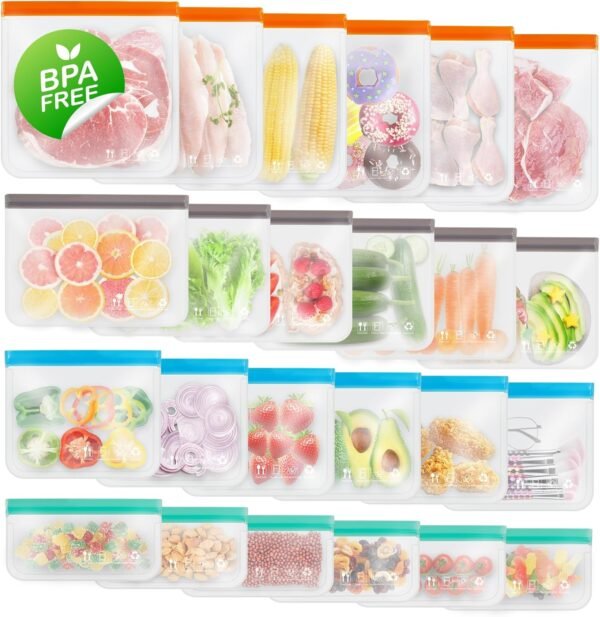 Reusable Freezer Bags, Extra-thick Leakproof Gallon Vegetable Snack Sandwich Bags, BPA Free Silicone Bags for Food Storage,Travel, Home Organization(24 Pack - 6 Extra Large,6 Large,6 Medium,6 Small)