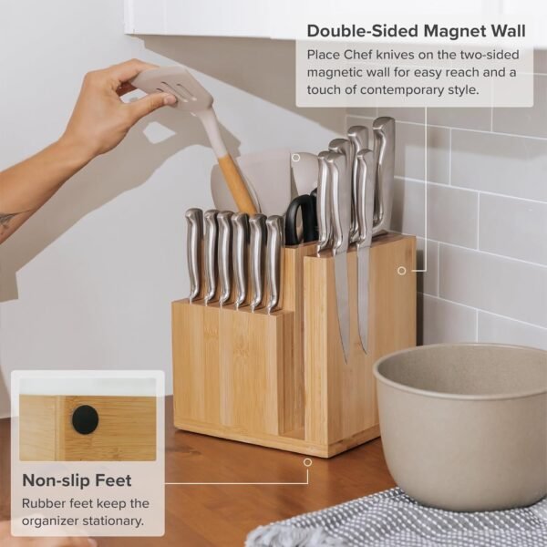 Bamboo Magnetic Knife Block and Cooking Utensil Holder, Sleek Storage for Chefs Knives, Steak Knives, Spatulas, Scissors, Non-Slip Rubber Feet, Easy to Clean, Kitchen Countertop Organizer - Image 5