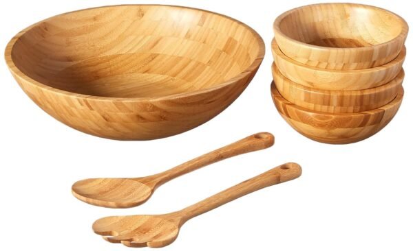 Lipper International Bamboo Wood Salad Bowls with Server Utensils, 7-Piece Set, Assorted Sizes