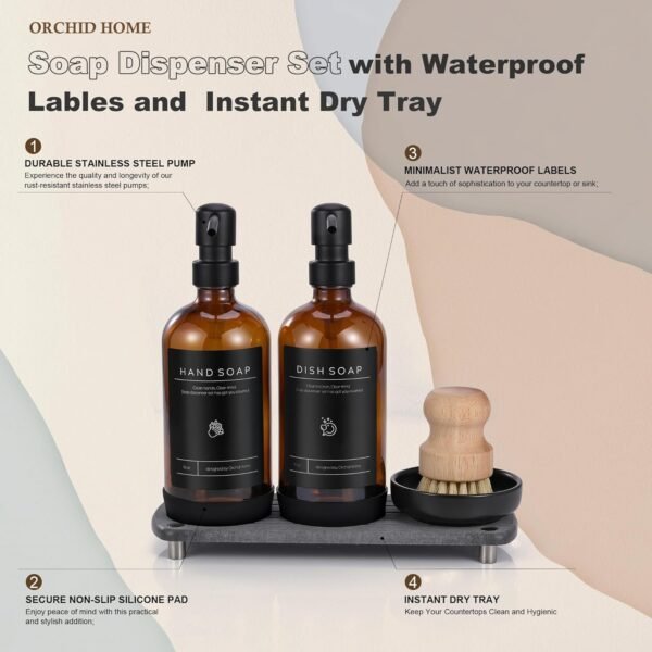 [LUXURY] Kitchen Soap Dispenser Set - 16OZ Amber Glass Bottle, Stainless Steel Pump, Instant Dry Tray, Waterproof Labels, Non-Slip Silicone Pad, and Dish Brush | Upgrade for Your Kitchen and Bathroom - Image 2