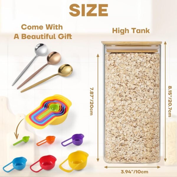 Glass Storage Containers with Wood Lids, 54 fl.oz Clear Food Storage Container Jar, Square Glass Canisters with Airtight Lids Set Of 3, for Pasta Flour Rice Beans Cereals Seasonings - Image 2
