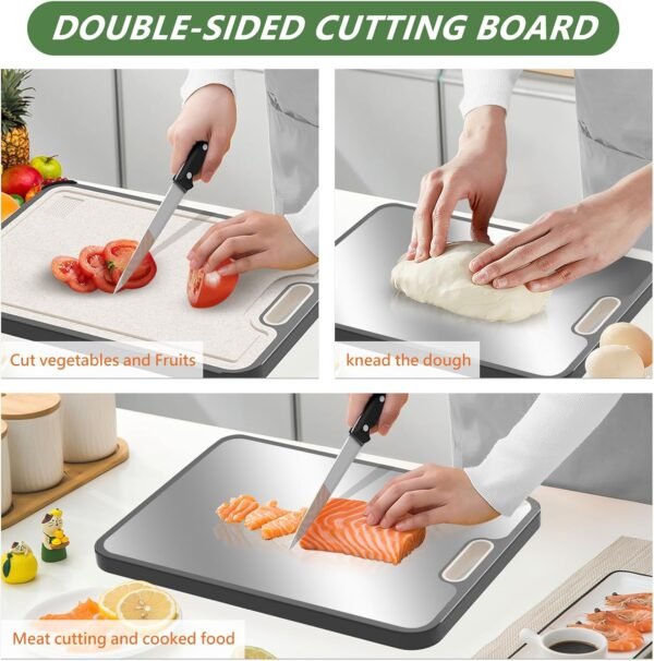 Cutting Board Double Sided With knife,HI NINGER 304 Stainless Steel Cutting Board for Kitchen,Food-Grade, Stainless Steel and Wheat Straw PP,Easy to Clean Large Cutting Board,non toxic Chopping Board - Image 4