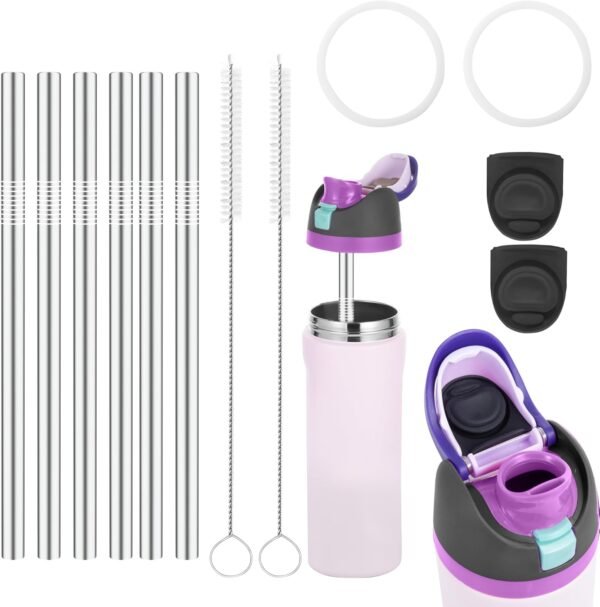 12PCS Replacement Straws Compatible with Owala 24oz/32oz with 2 Cleaning Brushes 6 Reusable Stainless Steel Straw 2 Water Bottle Seal Ring 2 Replacement Stopper for Owala Freesip