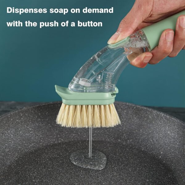 DAPOWER Dish Brush with Handle, Dish Scrubber with Soap Dispenser, Kitchen Scrub Brush for Dishes Pots Pans Sink Cleaning, 4 Replaceable Brush Heads (Green) - Image 2