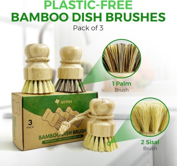 Bamboo Dish Brush Set of 3, 100% Plant-Based Kitchen Dish Brush Bamboo with Sisal and Coconut Bristles, 2 Brush Types, No Scratch Wood Sish Scrub Brush for Dishes, Quick-Drying, Odor Free - Image 2