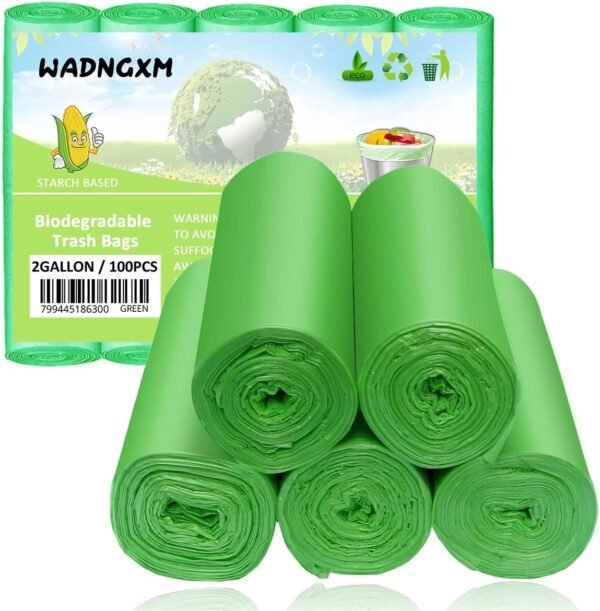 2 Gallon Compostable Trash Bags Small Biodegradable Garbage Bags 7.5 Liters Wastebasket Trash Liners for Bathroom Office Bedroom, Green 100 Counts