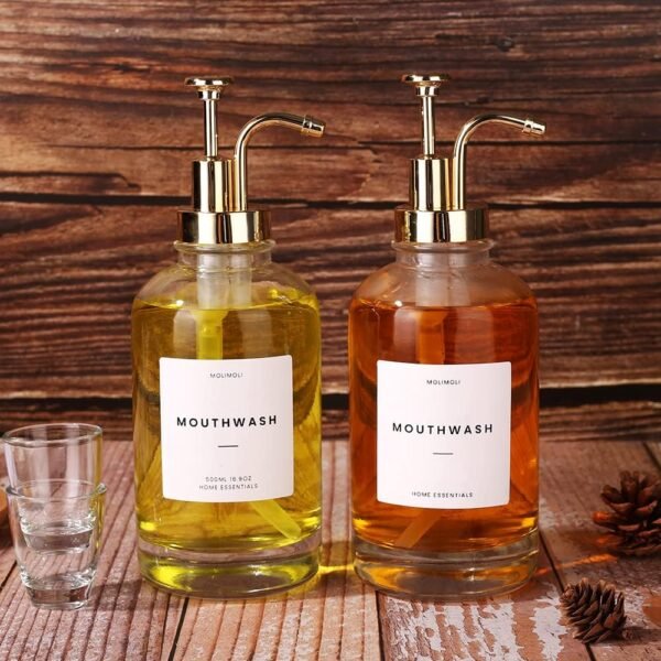 Molimoli Hand Bathroom Soap Dispenser Set, Glass Mouthwash Dispenser for Bathroom, Dish Soap Dispenser for Kitchen Sink, Soap Dispenser Pump, 500ml/16.9 Oz, Set of 2, Gold - Image 7
