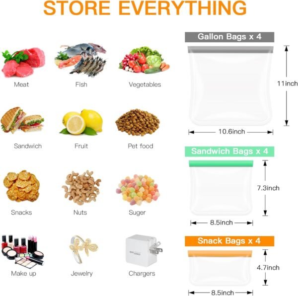 12/24Pcs Reusable Food Storage Bags, Dishwasher Safe, BPA Free Freezer bags, for Sandwich Snack Lunch, Meats, Cereal, Vegetables, Gallon (12 Pcs) - Image 4