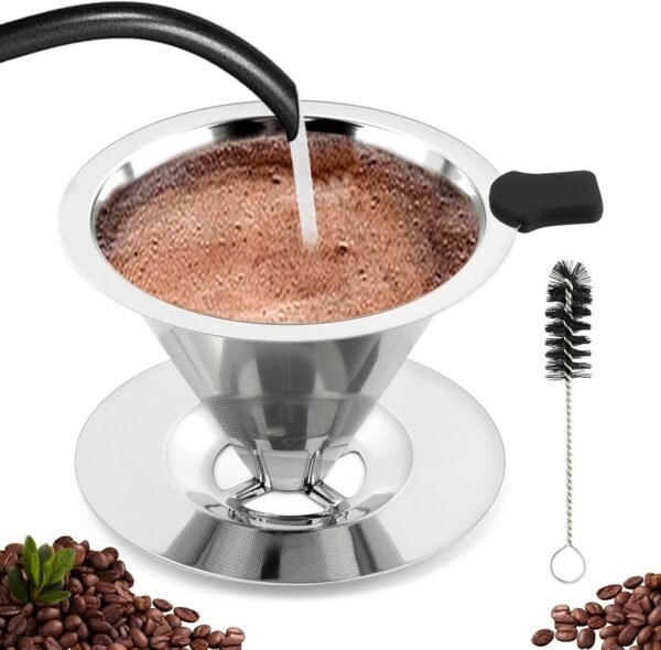 Pour Over Coffee Dripper with Cleaning Brush, Stainless Steel Cone Coffee Filter Fine Mesh Double Layer, Paperless Reusable Coffee Filter, Drip Cone Brew Coffee Strainer(SIZE:Medium) - Image 4
