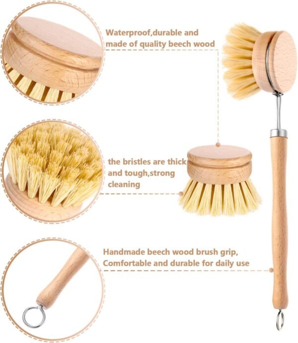 Dish Brush with Beechwood Handle with 2 Replacement Heads Natural Wood Dish Scrub Brush for Washing and Cleaning Pots and Pans - Image 3