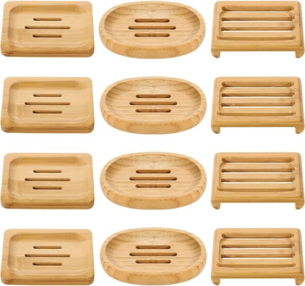 12 Pcs Bamboo Soap Dishes, Wooden Soap Tray Soap Holder, Shampoo Bar Holder Bar Soap Holder for Bathroom, Kitchen (3 Size)