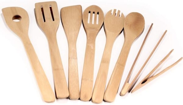 BambooMN Organic Bamboo Utensil Set Spatula Spoon Tongs - 8 Piece