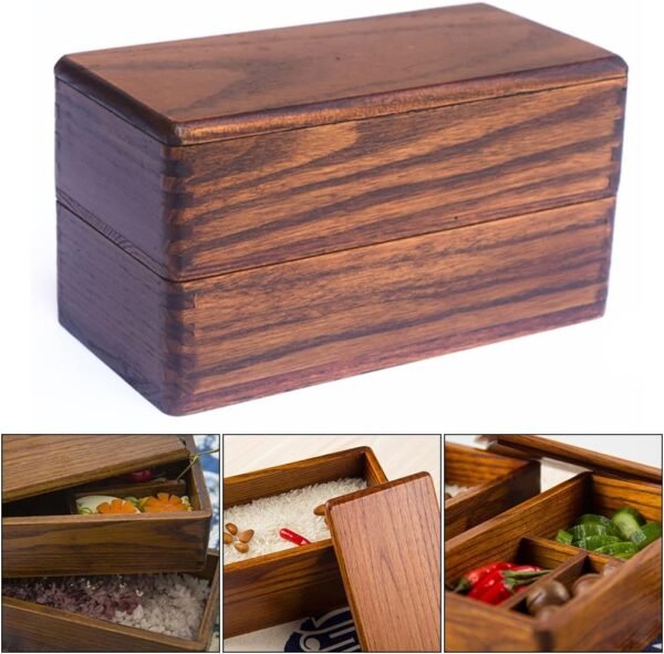 Double Layer Japanese Bento Box, Compartment Food Box, Wood Lunch Box, Adult Square Lunch Containers for Japanese Dishes like Sushi Dessert Rice Roll Buffet, Store Dried Fruit - Image 6