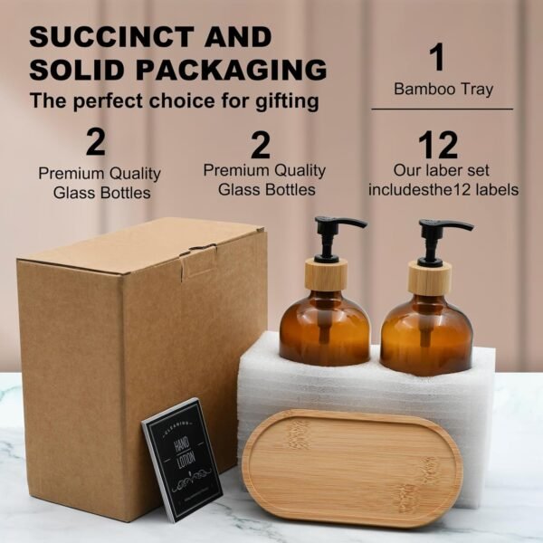 Dish Soap Dispenser Set with Bamboo Tray, Kitchen Soap Dispenser Set, Glass Matte Hand and Dish Soap Dispenser Set for Kitchen Decor-Brown - Image 6