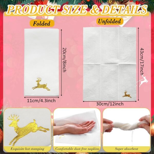Janlaugh 100 Pcs Christmas Disposable Hand Towels Foil Stamped Paper Guest Towels Napkins Christmas Tree and Elk Linen Hand Towel for Party Lunch Dinner Kitchen Bathroom(Gold,Elk) - Image 2