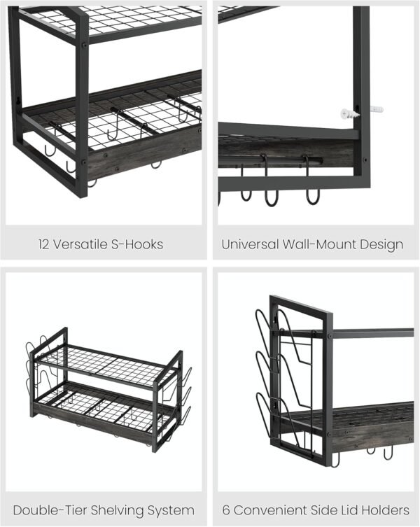Hanging Pot Rack, Pot Rack Wall Mounted, 2-Tier Kitchen Pot and Lid Organizer, Wall-Mounted Cookware Holder with 12 Hooks, for Kitchen Storage of Pots, Pans, Utensils, Charcoal Black TPR02BC - Image 8