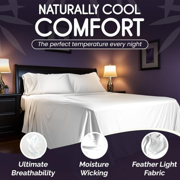 SLEEP SANCTUARY 100% Organic Viscose Derived from Bamboo Sheets King Size 4pcs - Ultra Soft & Luxuriously Cooling, 17" Deep Pocket, Perfect for Hot Sleepers - King Bed Sheets (White) - Image 3
