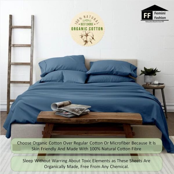 Extra Deep Pockets 1000 Thread Count 100% Organic GOTS Certified Cotton, 24-Inch Deep-Pocket, 4-Piece Bed Sheet Set (1 Flat Sheet, 1 Fitted Sheet, 2 Pillow Covers) - Queen, Mediterranean Blue - Image 2