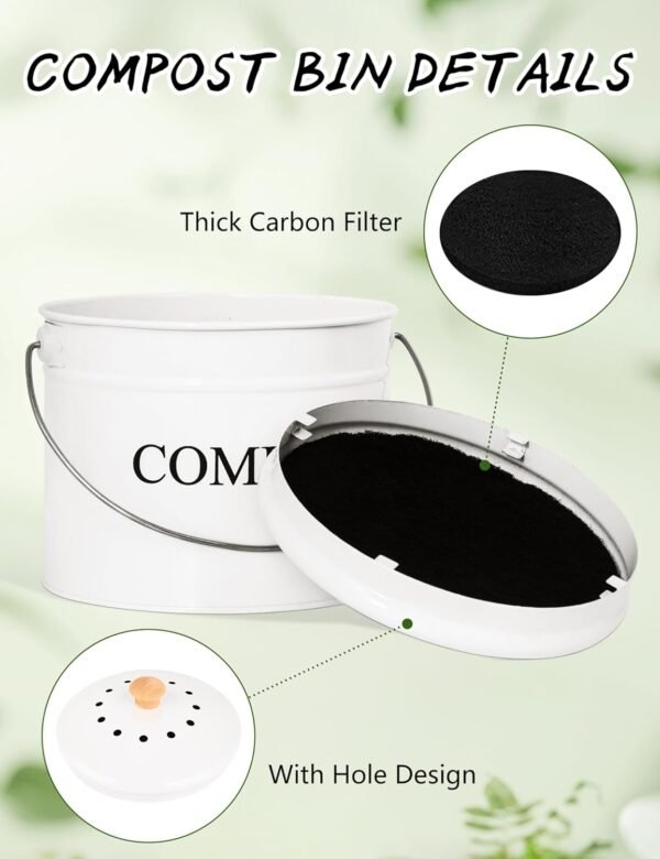 Compost Bin Kitchen - 1 Gallon Kitchen Composter, Countertop Compost Bin with Lid and Charcoal Filters, Rust Proof Indoor Compost Bucket, Food Waste Bin for Kitchen - Image 3