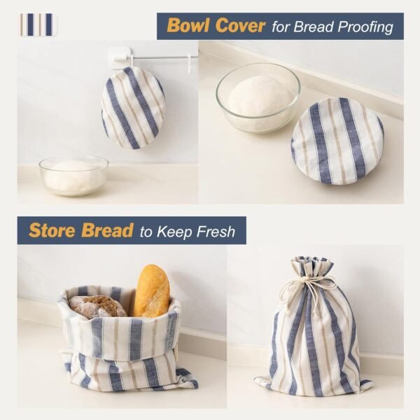 Bread Bags for Homemade Bread Sourdough with Bowl Cover, Reusable Linen Bread Storage Bag Sourdough Bread Bags - Plastic Lined - with Bread Proofing Cover - Image 3