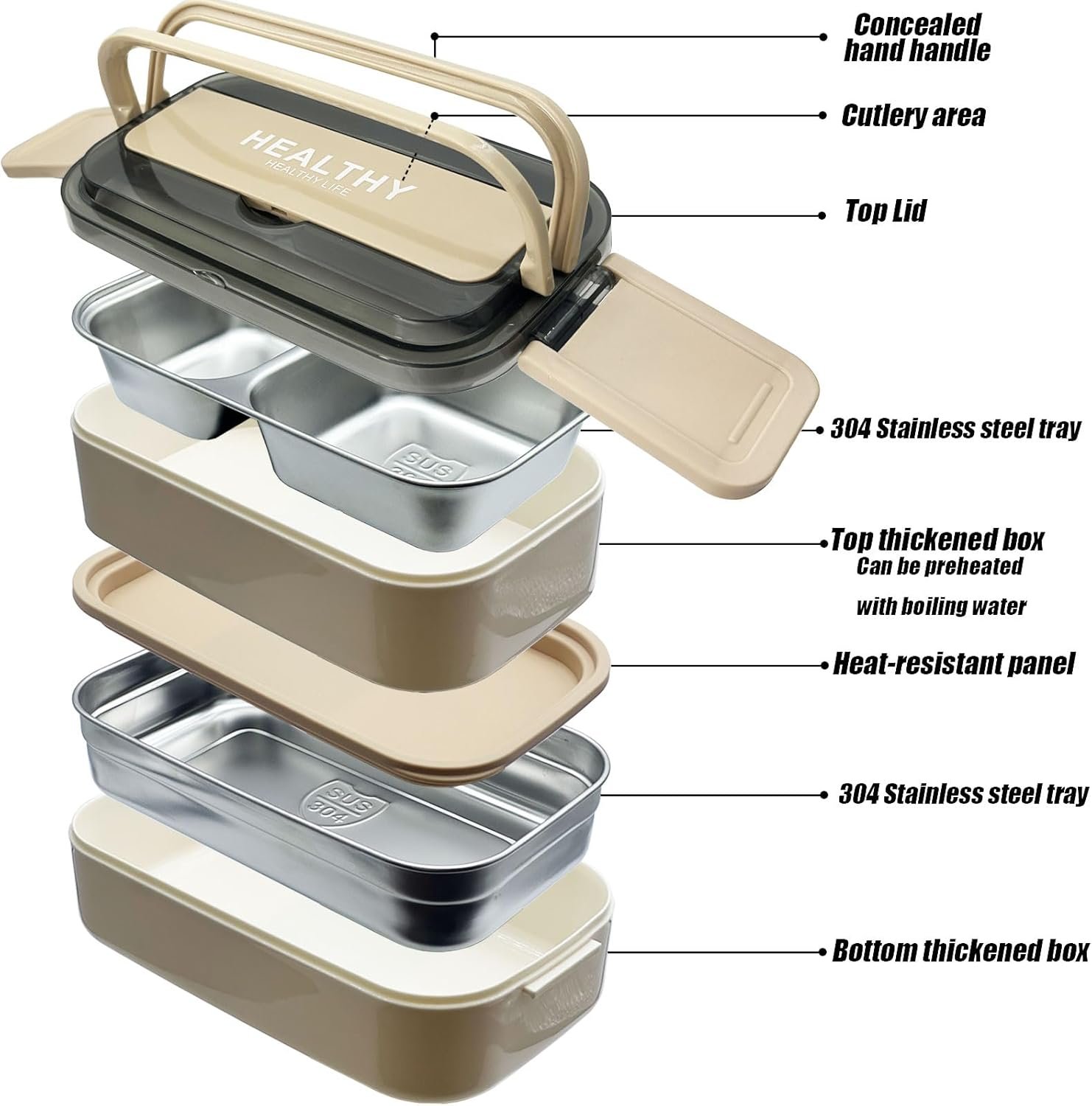 Stainless steel bento box Adult lunch box, ideal food storage container, 2 compartments, wheat cutlery Fork Spoon, suitable for work, travel (apricot) - Image 3