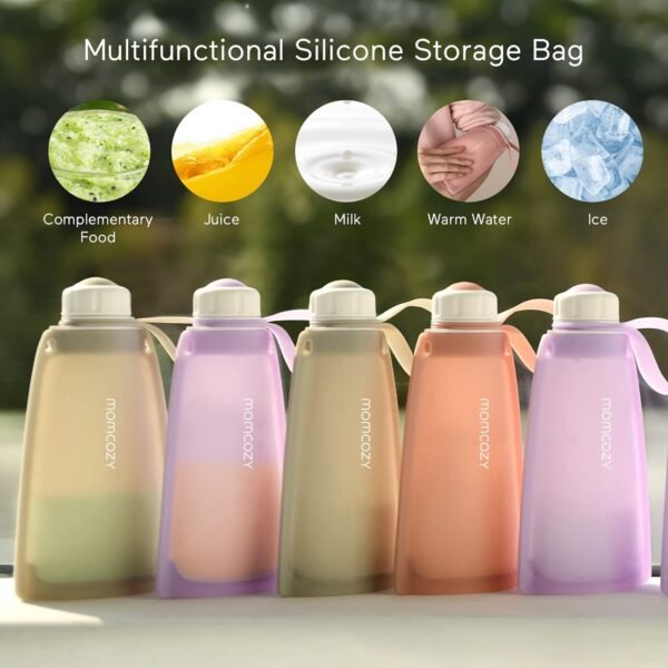 No Leak Momcozy Silicone Breastmilk Storage Bags, Reusable Breastmilk Freezer Storing Bags for Breastfeeding, 8.5oz/250ml Breast Milk Saver, Leakproof Baby Food Pouches, BPA Free (Gray, 5pcs) - Image 6