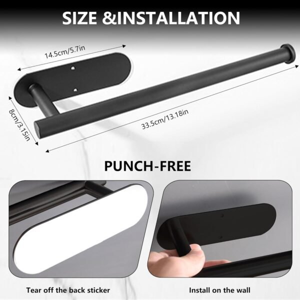Paper Towel Holders for Kitchen, Adhesive Paper Towel Roll Rack for Bathroom Towel, Matte Black Paper Towel Holder 304 Stainless Steel, Under Cabinet Paper Towel Holder - Image 3