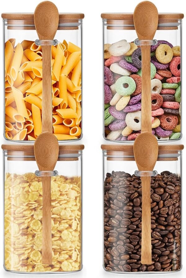 Unbreakable Glass Jars with Airtight Bamboo Lid and Spoon, 4Pcs 49OZ Glass Kitchen Canisters, Overnight Oats Containers, Glass Food Storage Containers for Coffee Beans, Flour, Sugar, Cookie,Pasta